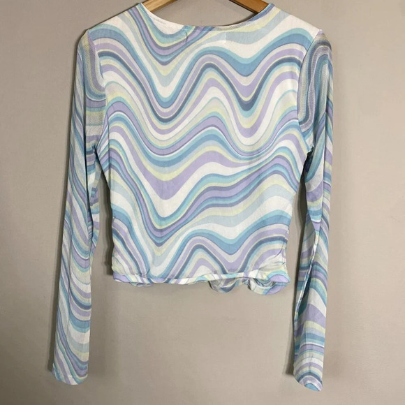 Madden NYC Y2K Wavy Corset Crop Top Women's Large Long Sleeve Mesh Stretch - Picture 10 of 14